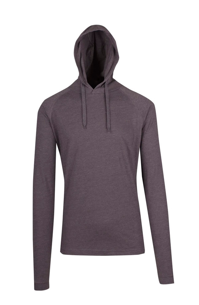 A grey unisex fusion T-shirt hoodie with long sleeves and a drawstring hood. It features a logo on the front.