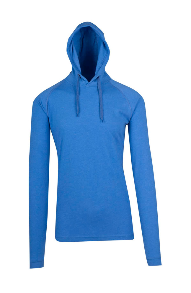A blue unisex hoodie with a drawstring hood and long sleeves, featuring a logo on the front.