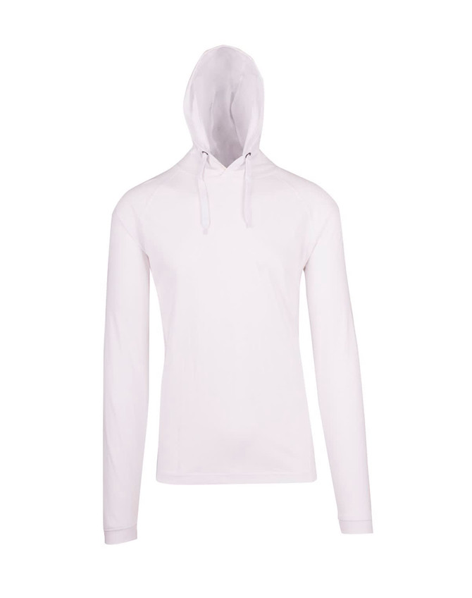 A white unisex FUSION T-shirt hoodie with a kangaroo pocket. It features a hood and long sleeves.
