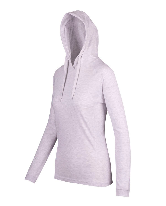 A women's fusion hoodie in light grey with a front kangaroo pocket and a drawstring hood. Features branding.