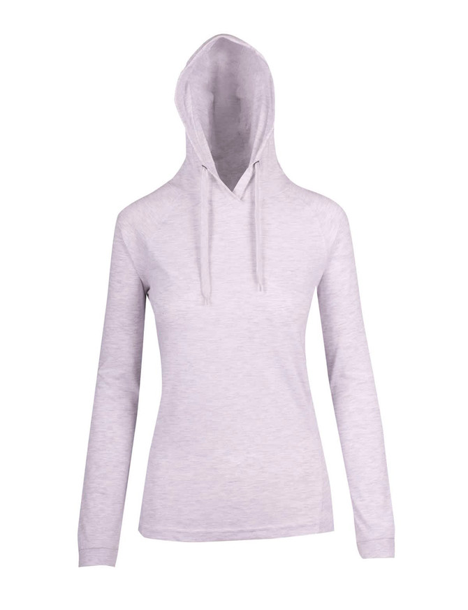 A grey women's fusion T-shirt hoodie featuring a hood and long sleeves. It includes a logo on the front.