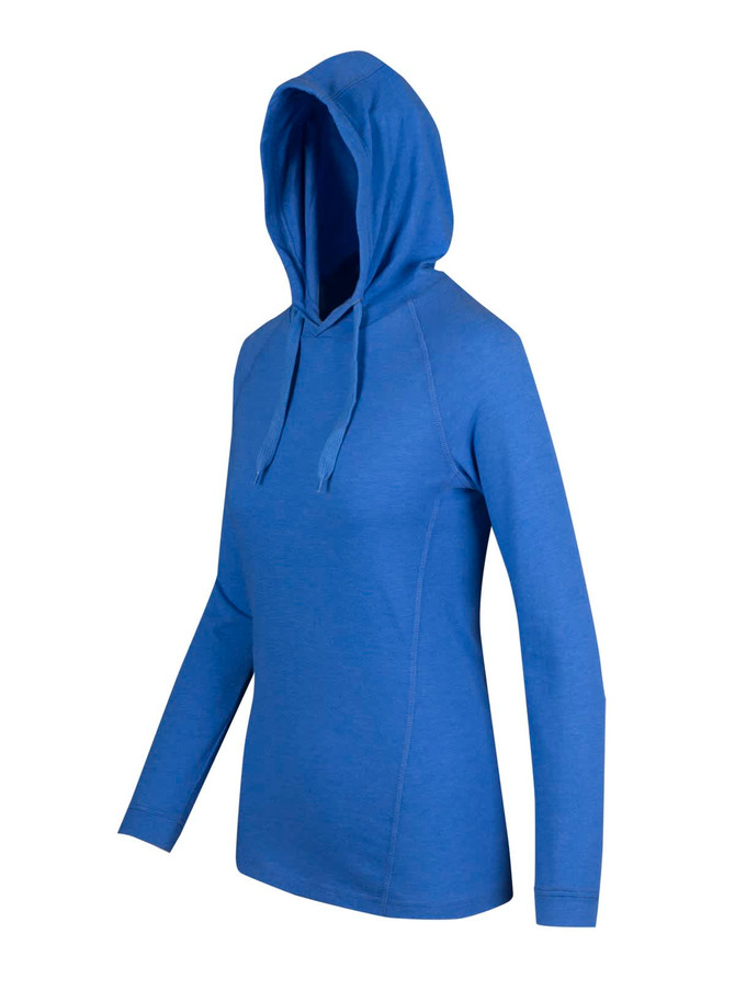 A blue women's fusion T-shirt hoodie with a drawstring hood and long sleeves. It features a simple design and a logo.
