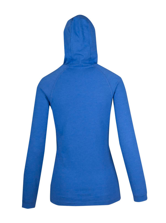 A blue women's fusion T-shirt hoodie featuring a stylish hood and long sleeves, with a branding logo.