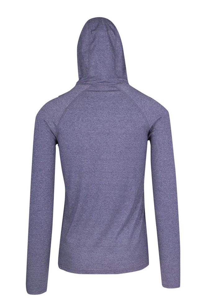 A grey half-hood top featuring long sleeves and a hood, with a branding logo on the back.