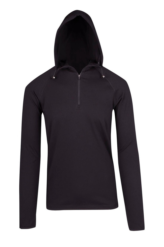 A black half-hood top for men with long sleeves and a zippered front, featuring an attached hood and a logo.