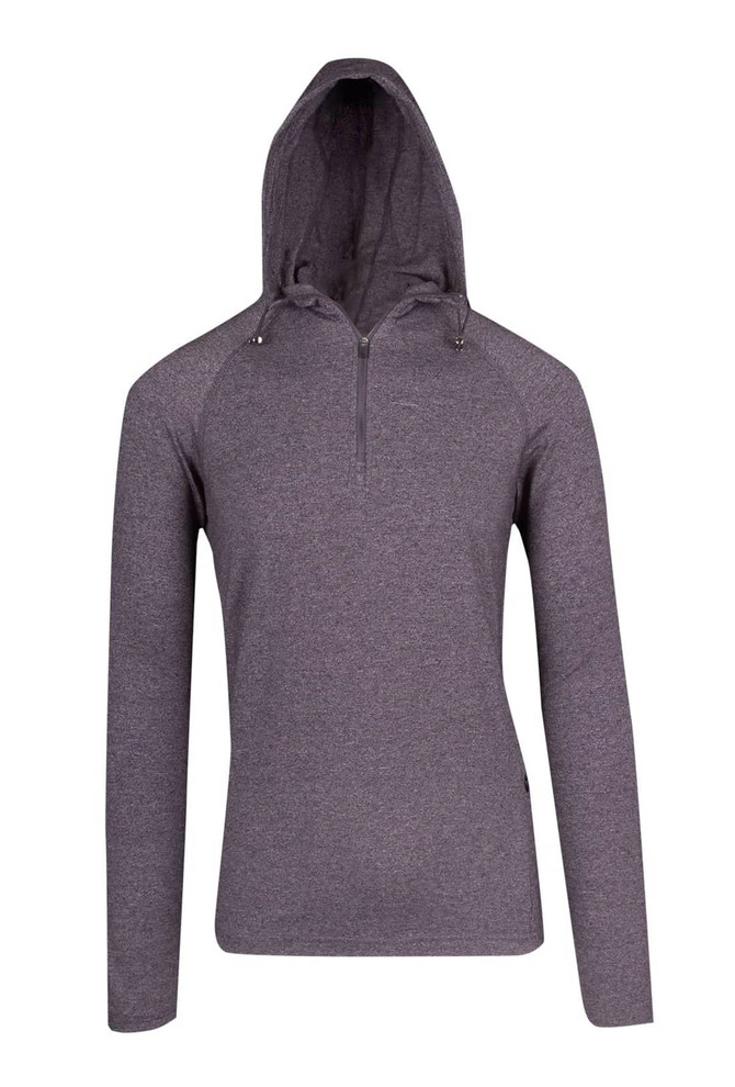 A grey half-hood top with long sleeves and a zippered front, featuring a hood and branding.