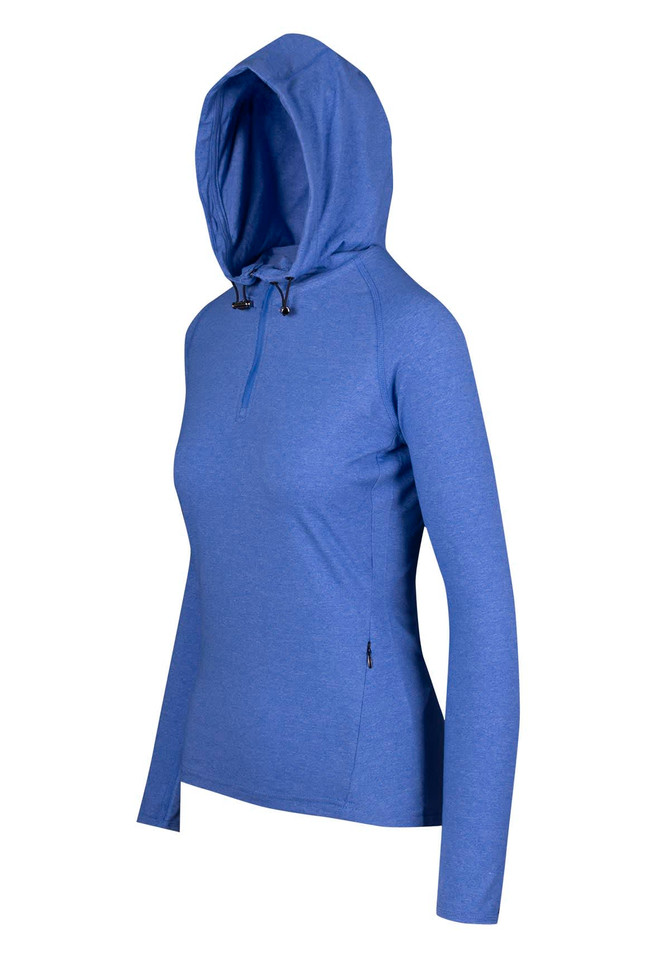 A blue half-hood top with long sleeves, featuring a hood and a zipper at the neck. Includes a branding logo.