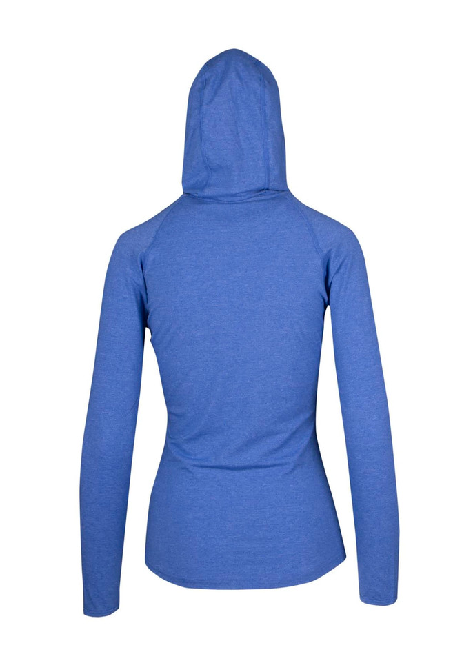 A blue women's hoodie with a half-hood design, featuring a fitted silhouette and long sleeves.