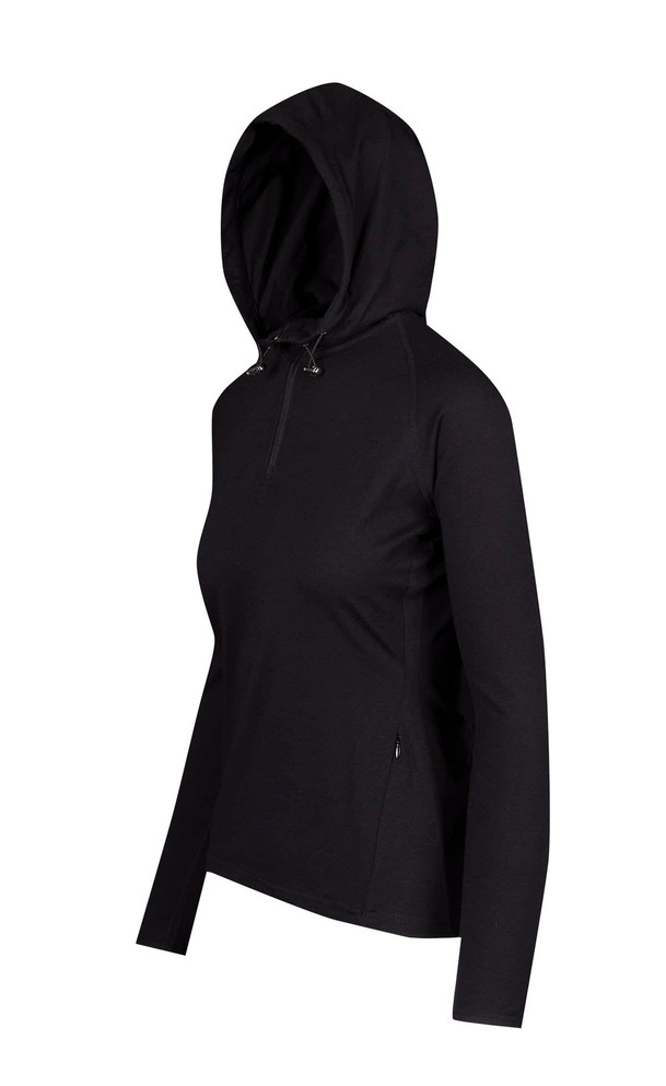 A black half-hood top with long sleeves and a zippered neckline, featuring a logo.