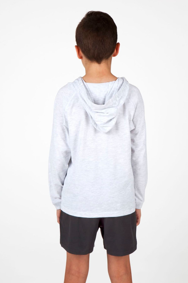 A grey hoodie for kids, featuring a back view with a hood, paired with shorts. Includes a logo.