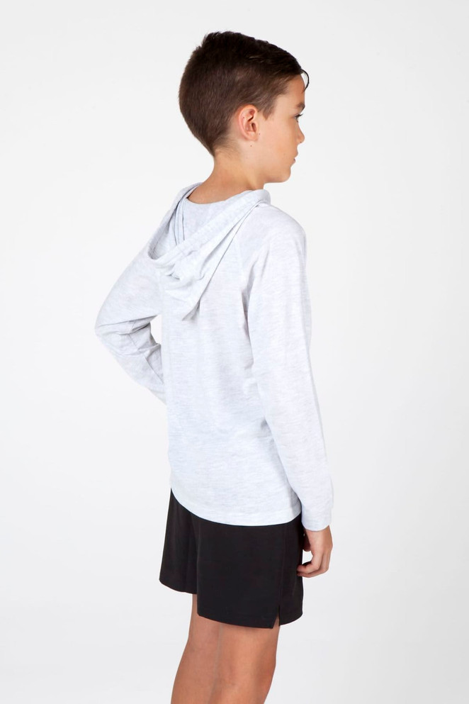 A grey kids' hoodie with a front pocket, shown on a child wearing black shorts, featuring a logo.