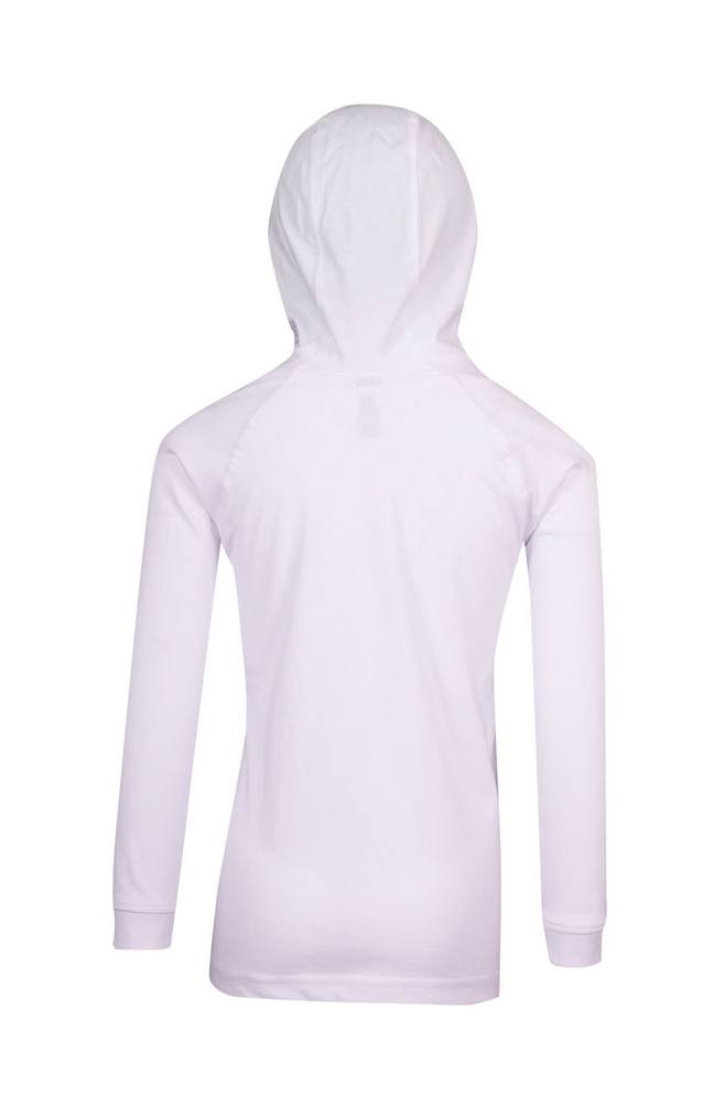 A white kids' hoodie with a back view, featuring a hood and long sleeves. Includes a logo emblem.