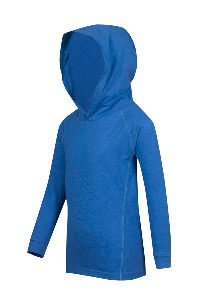 A blue hoodie featuring a large hood and long sleeves for kids, designed as a comfortable jumper.