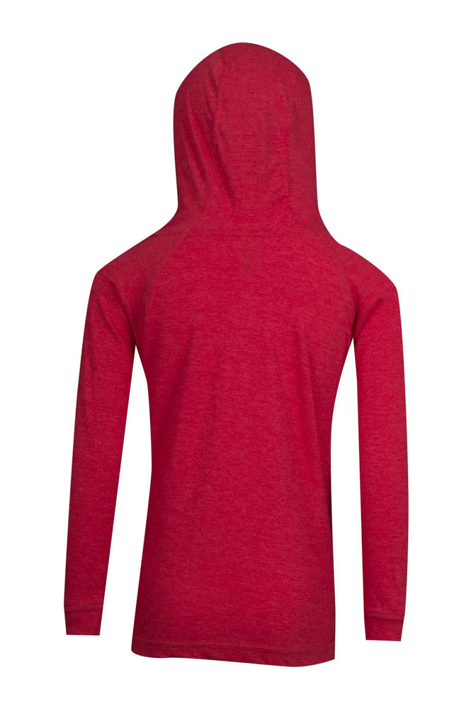 A red hoodie with a hood and long sleeves, featuring a plain back design and a branding logo.