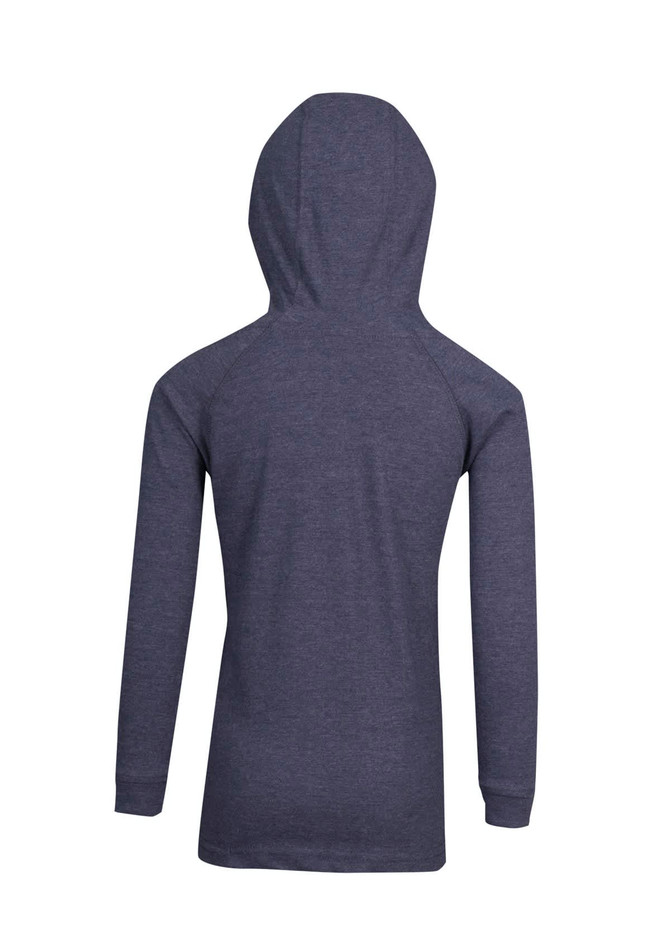 A dark grey hoodie featuring a hood and long sleeves, designed for kids. It has a simple, unadorned back.