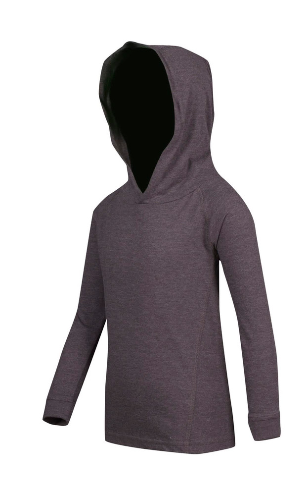 A grey children's hoodie with a large hood and long sleeves, featuring a branding logo.