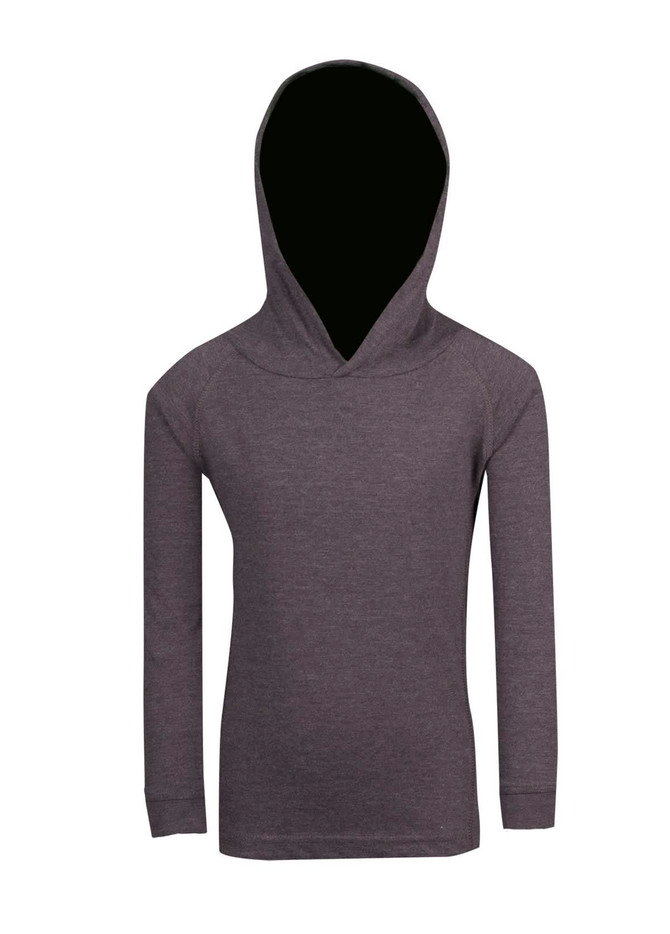 A grey kids' hoodie featuring a drawstring hood and long sleeves. It has a plain design and includes a logo.