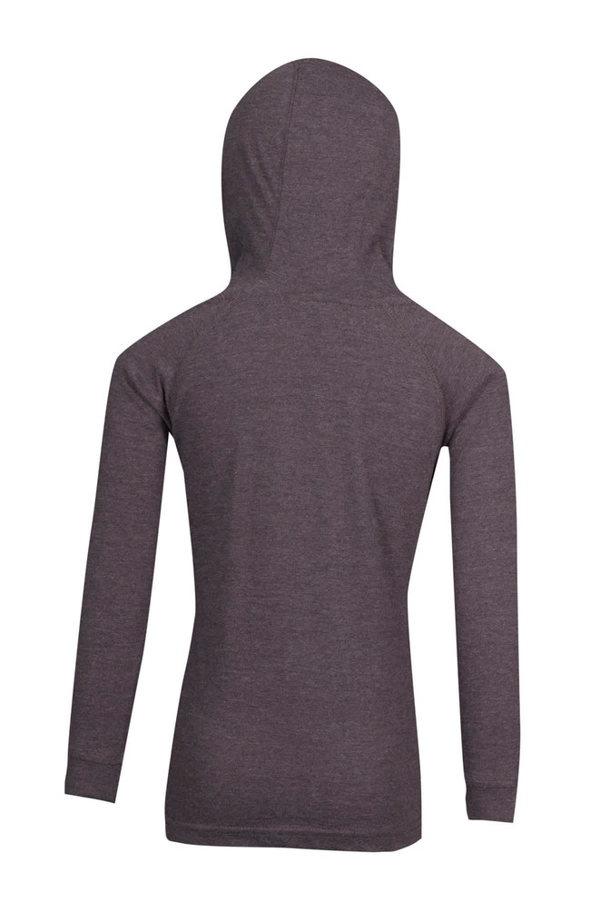 A grey kids' hoodie featuring long sleeves and a hood, viewed from the back. 