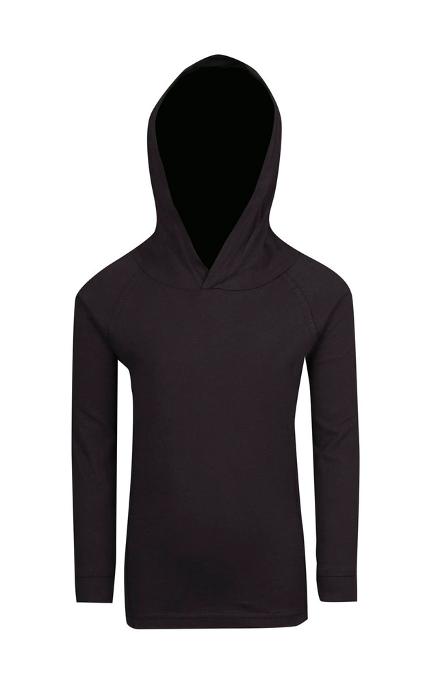 A black hoodie featuring a hood and long sleeves, with a simple design and no visible logos or branding.