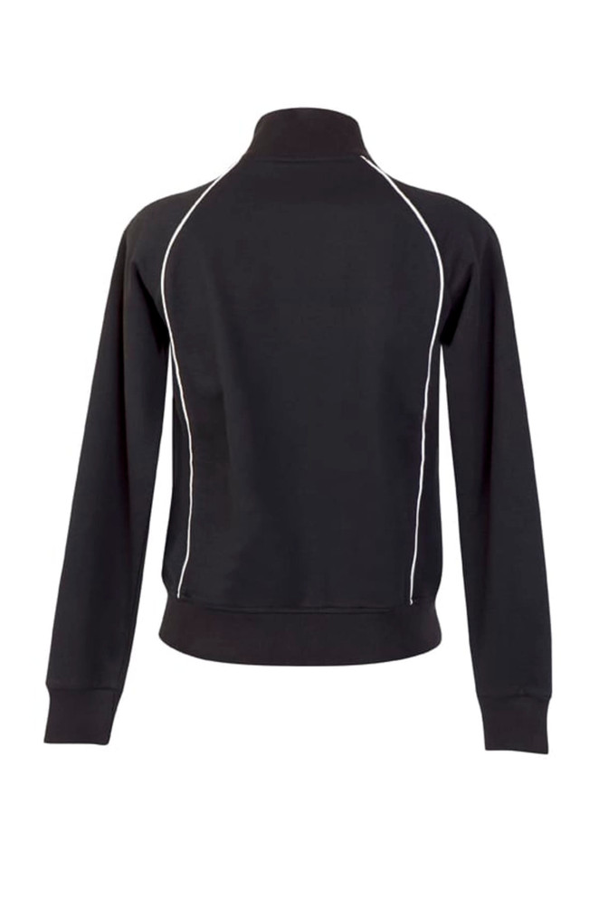 A men's unbrushed track jacket in black with contrast white piping on the sides and a high collar.