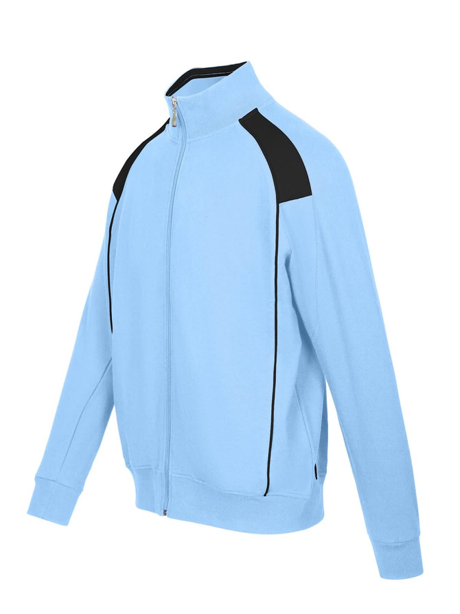 A light blue men's unbrushed contrast jacket featuring black accents and a zippered front. It has a logo on it.