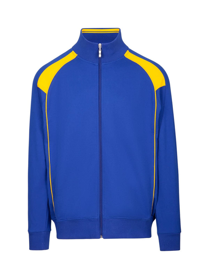 Men's unbrushed track jacket in royal blue with yellow contrast panels and a zip front. Features a logo on the chest.