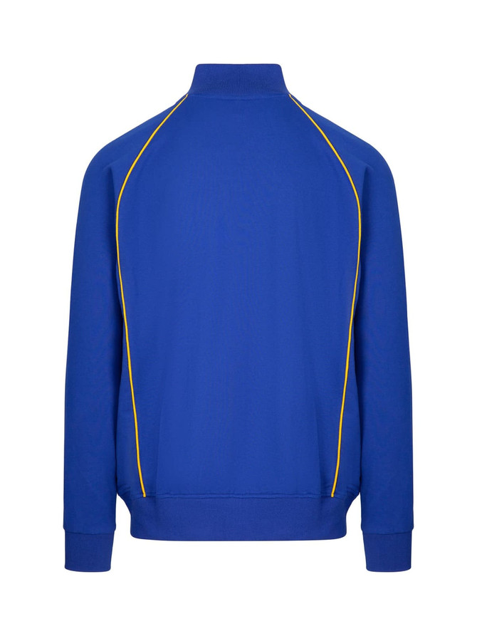 A blue men's unbrushed contrast track jacket with a yellow piping detail and a high collar. It features a logo.