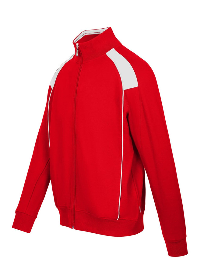 A red unbrushed contrast jacket featuring white detailing and a zippered front. The jacket has a sporty design.