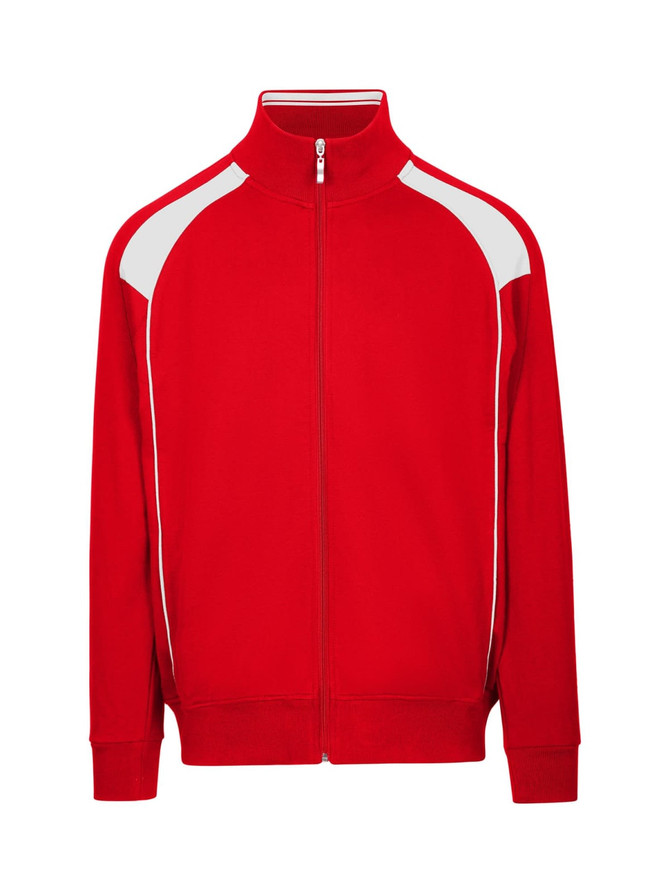 A red men's unbrushed contrast jacket featuring white accents and a zip-up front, with a branding logo.
