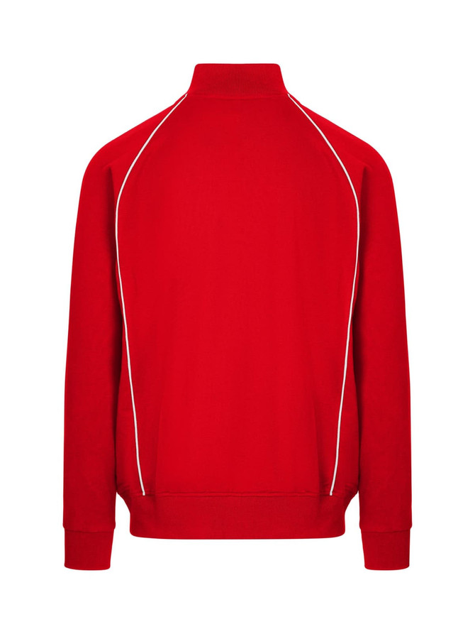 A red unbrushed contrast track jacket featuring white piping and a high collar, with a logo on the back.