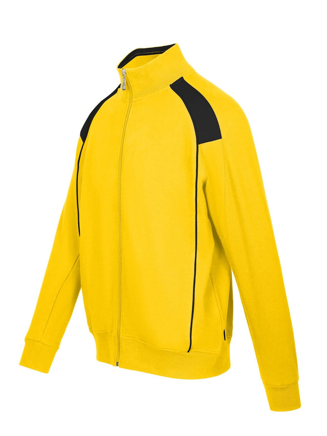 A bright yellow track jacket with black contrast detailing and a zip front, featuring ribbed cuffs and collar.