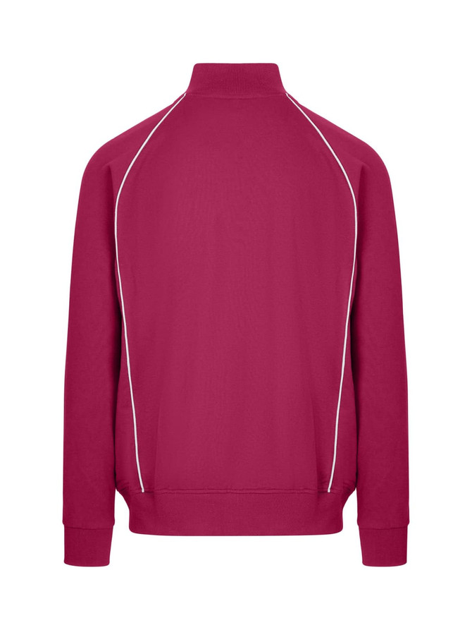 A men's unbrushed contrast jacket in a vibrant maroon colour with white piping details. Features a high collar and long sleeves.