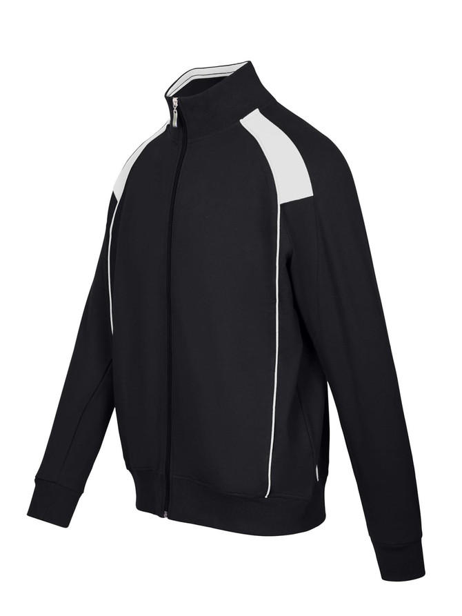 A men's unbrushed contrast jacket in black with white accents, featuring a zip front and high collar.