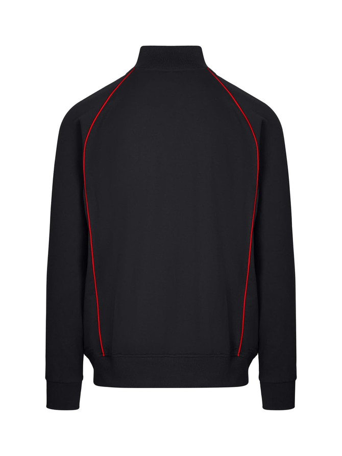 A black men's unbrushed contrast jacket featuring red piping along the seams and a high collar. It has a logo on the back.