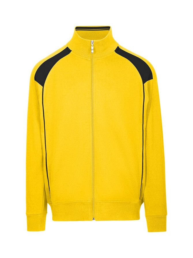 A men's unbrushed contrast jacket in yellow with black detailing and a zip front, featuring a logo on the chest.