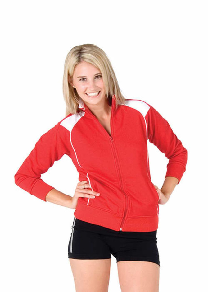 A red unbrushed contrast jacket with white detailing, worn by a smiling model in athletic shorts. The jacket has a logo.