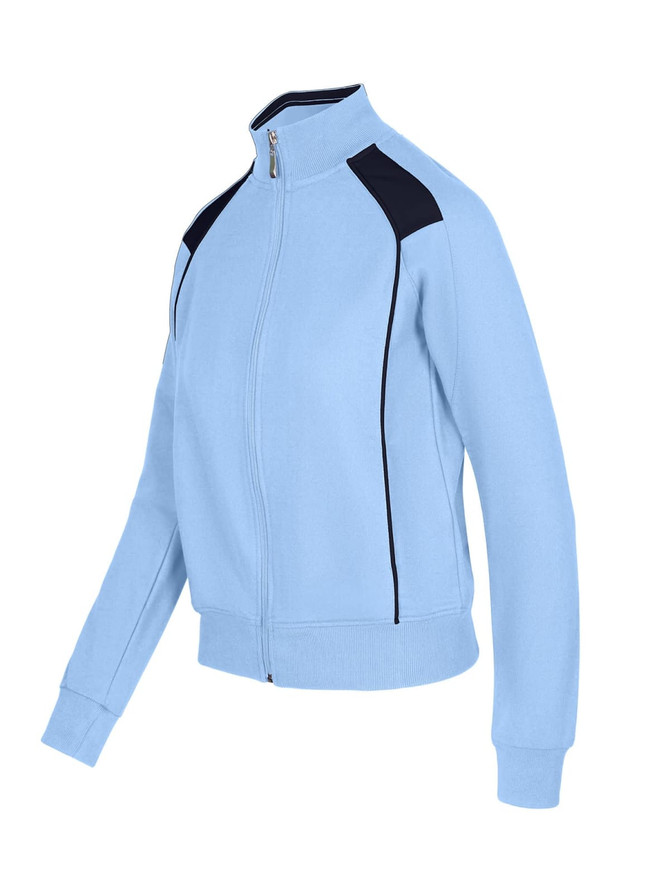 A light blue women's juniors unbrushed contrast jacket featuring black detailing and a zip front.