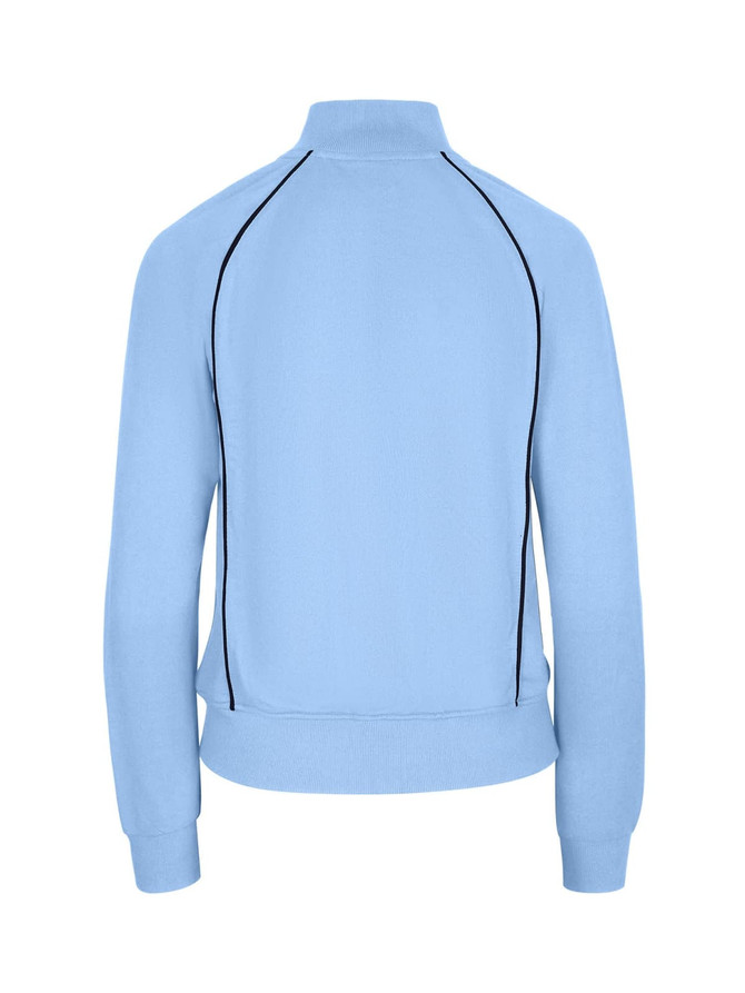 A light blue women's/juniors unbrushed contrast jacket featuring a rounded collar and contrasting seam details.