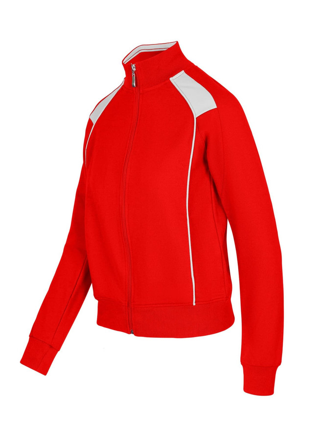 A red women's/juniors unbrushed contrast jacket with white detailing and a zip front. It features a logo.