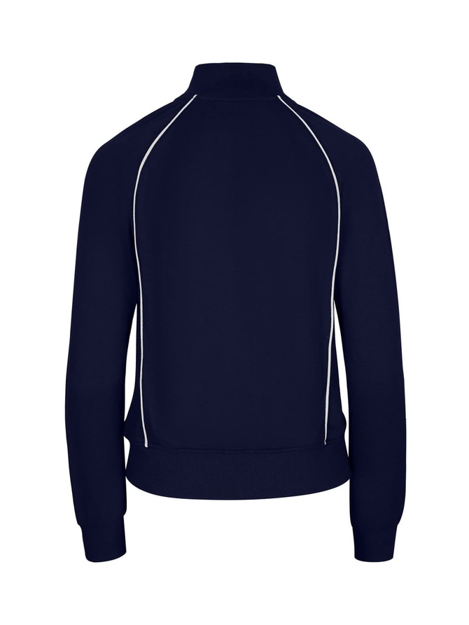 A navy unbrushed contrast jacket featuring white piping details and a fitted design. The jacket has a high collar and ribbed cuffs.