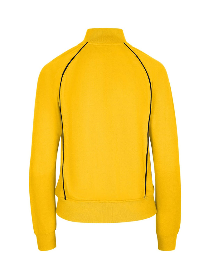 A yellow unbrushed contrast jacket with black piping, featuring a high collar and fitted cuffs.