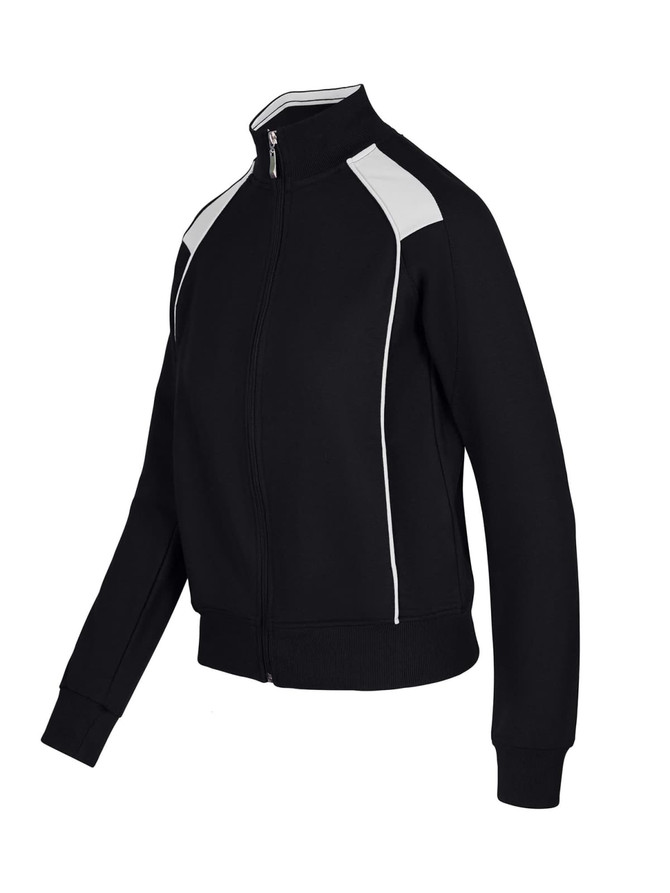 A black unbrushed contrast jacket featuring white accents and a zip front, designed for women and juniors.