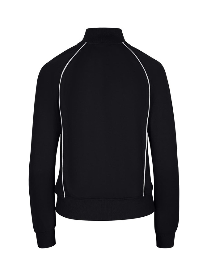 A black unbrushed contrast jacket featuring white piping details and a high collar. It has a fitted design with ribbed cuffs.