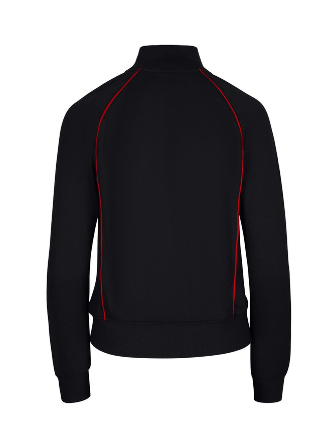 A black unbrushed contrast jacket featuring red detailing and a high collar, with a fitted design.