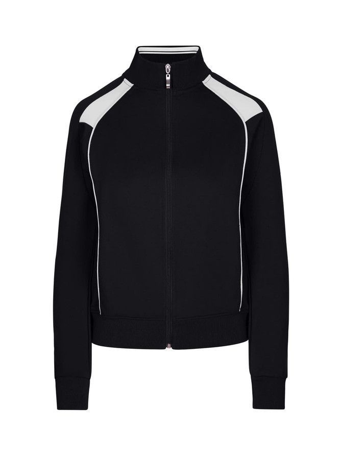 A black jacket with contrast white detailing, featuring a high collar and zip closure. It has a logo on the front.