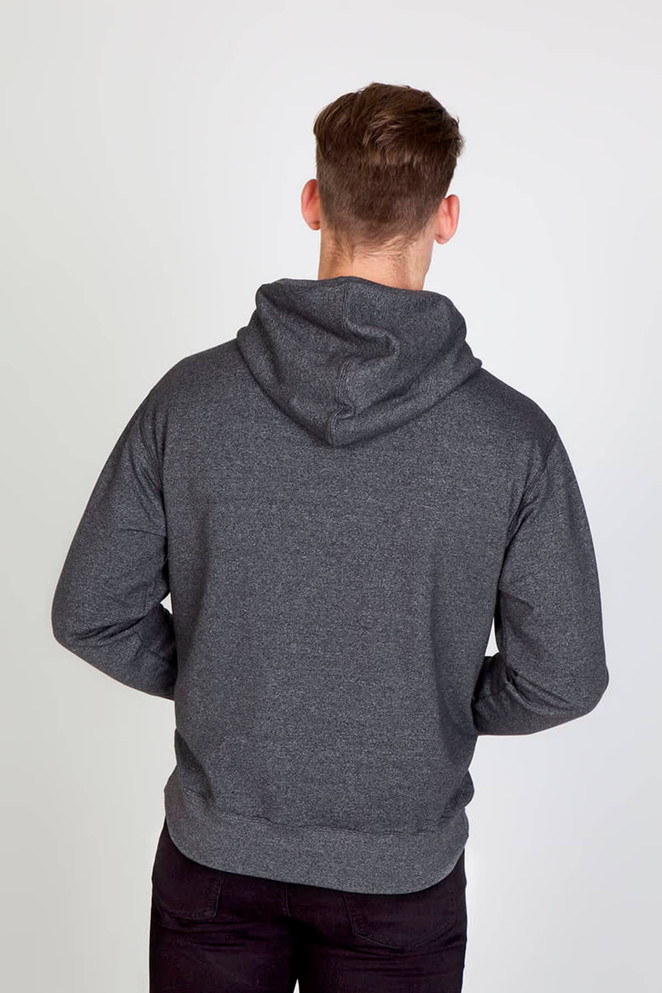 A grey heather hoodie with a drawstring hood, featuring a rear view of a model.