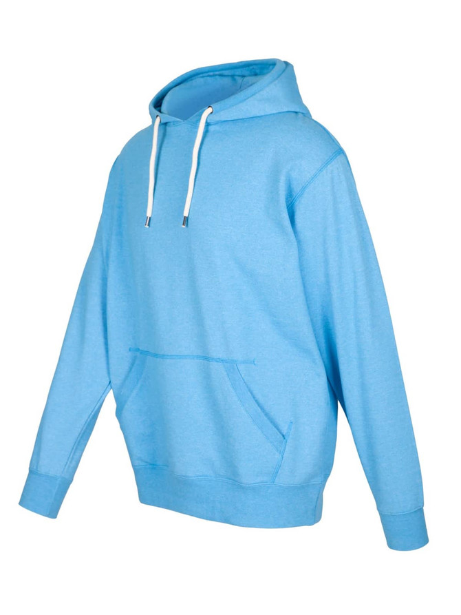 A light blue hoodie with a front pocket and drawstring hood, featuring a branding logo.