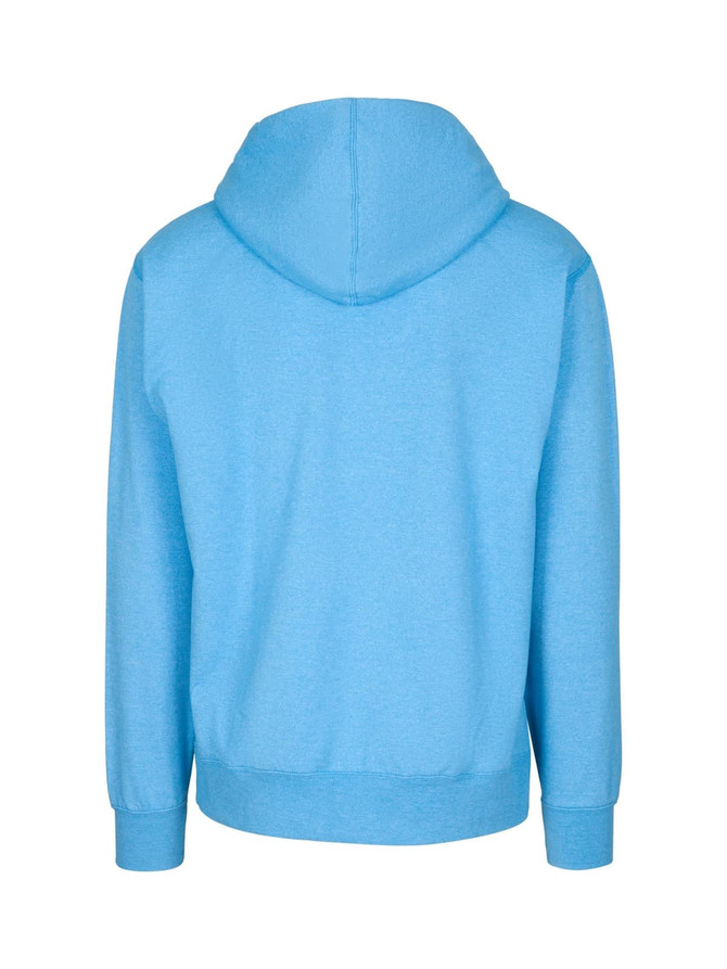 A blue hoodie with a back view, featuring a hood and long sleeves, has a logo on the fabric.