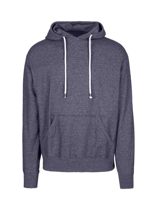 A grey heather hoodie featuring a front pocket and drawstring hood, with a logo on the sleeve.