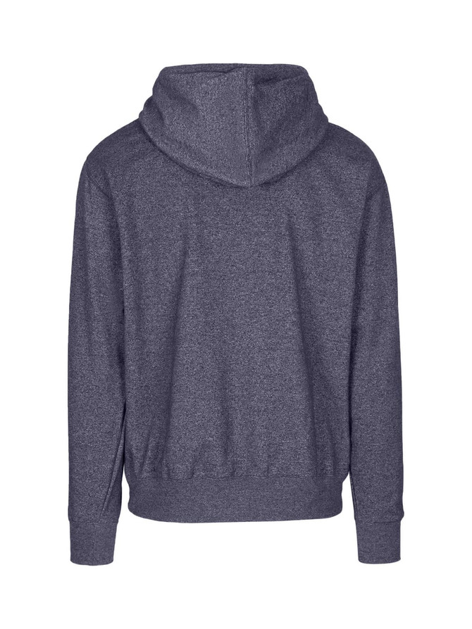 A heather grey hoodie with a back view, featuring a hood and a relaxed fit. Includes a small logo on the back.